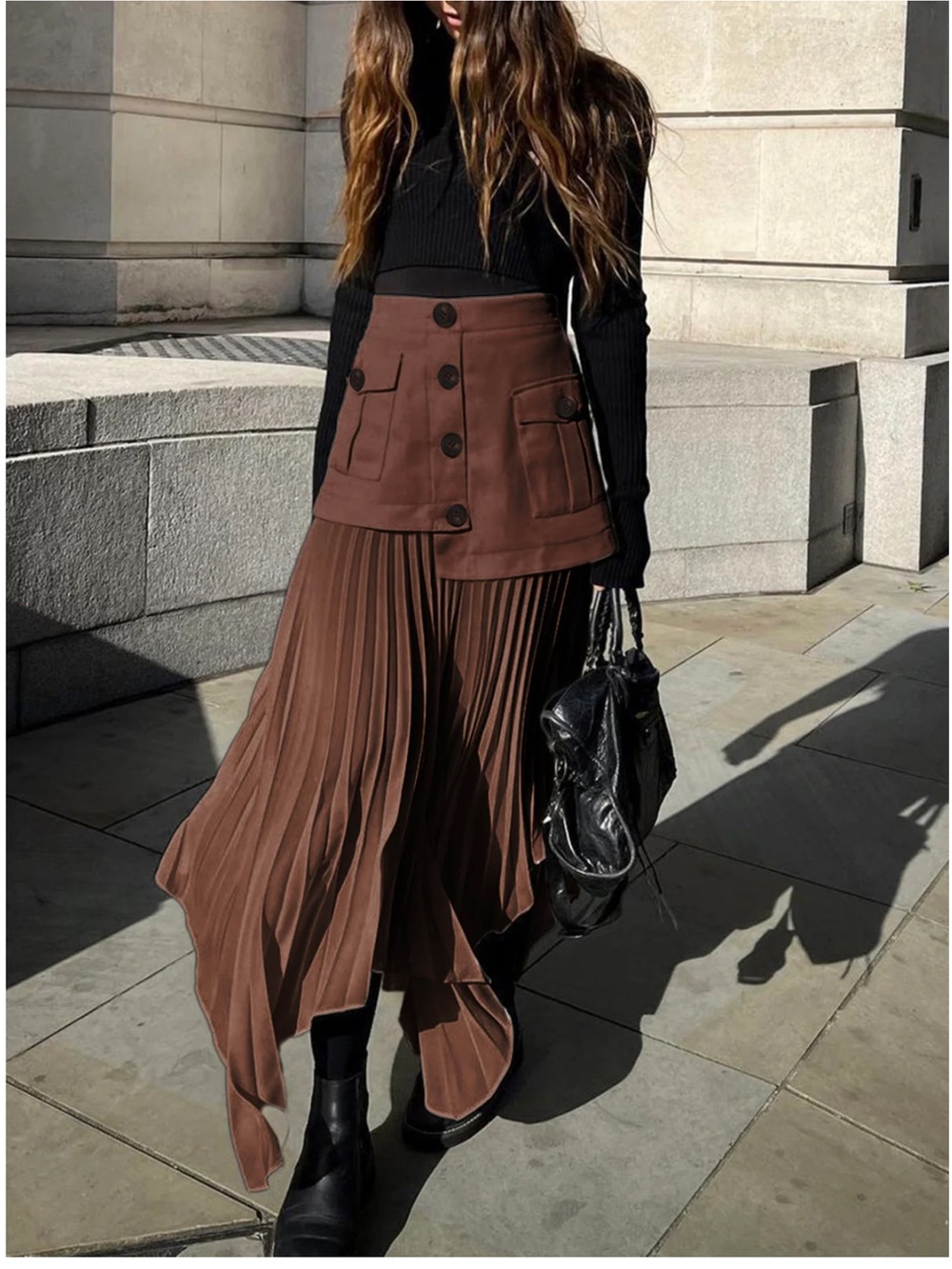 Commense Asymmetrical Pleated Midi Skirt in Chocolate Brown - Picture 3 of 4